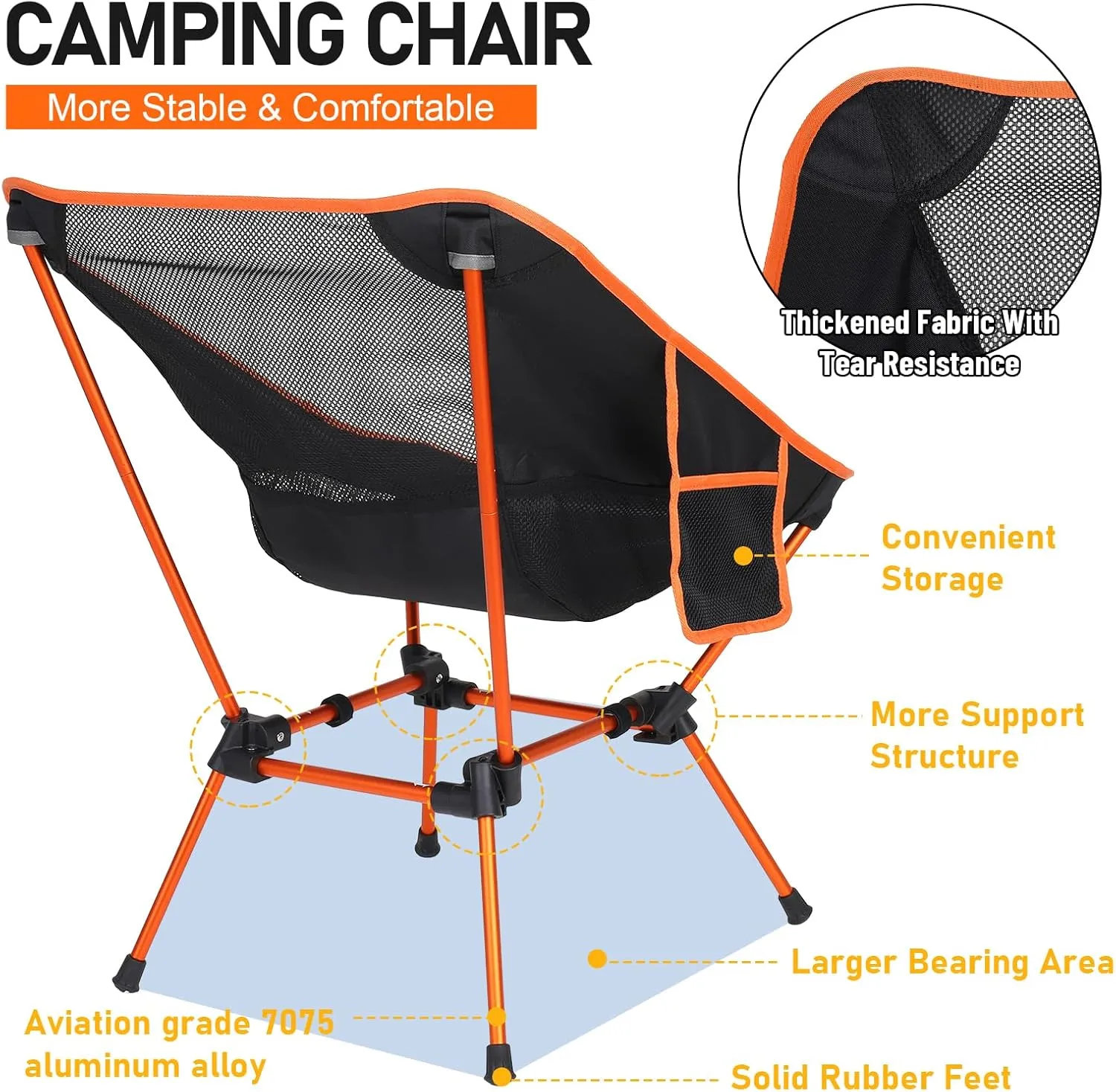 2 Pack Portable Camping Chair,Ultralight Compact Folding Chairs Aluminum Alloy Outdoor Lawn Chair with Side Pockets for Camping Hiking Fishing,Support up to 330lbs(Orange)