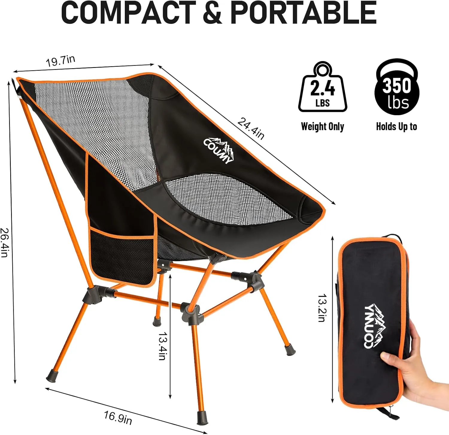 2 Pack Portable Camping Chair,Ultralight Compact Folding Chairs Aluminum Alloy Outdoor Lawn Chair with Side Pockets for Camping Hiking Fishing,Support up to 330lbs(Orange)