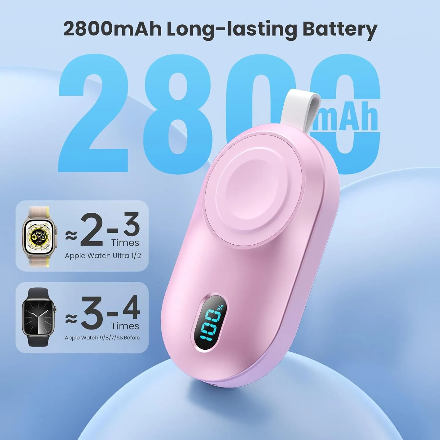 [2-Pack]Portable Charger for Apple Watch Series,Compact Wireless Magnetic iWatch Charger,2800mAh Fast Charging Power Bank for Apple Watch Series 10/9/8/7/6/SE/5/4/ 3/2/1/Nike/Ultra/Ultra 2-Pink Blue