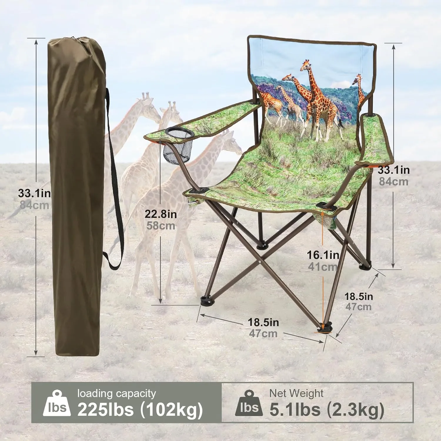 2 Pcs Animal Pattern Camping Chair,Folding Backpacking Lightweight Beach Chair w/Cup Holder,Mesh Side Pocket,Carry Bag,Portable Lawn Chair for Adults Family Outdoor Parties,Hiking,Giraffes