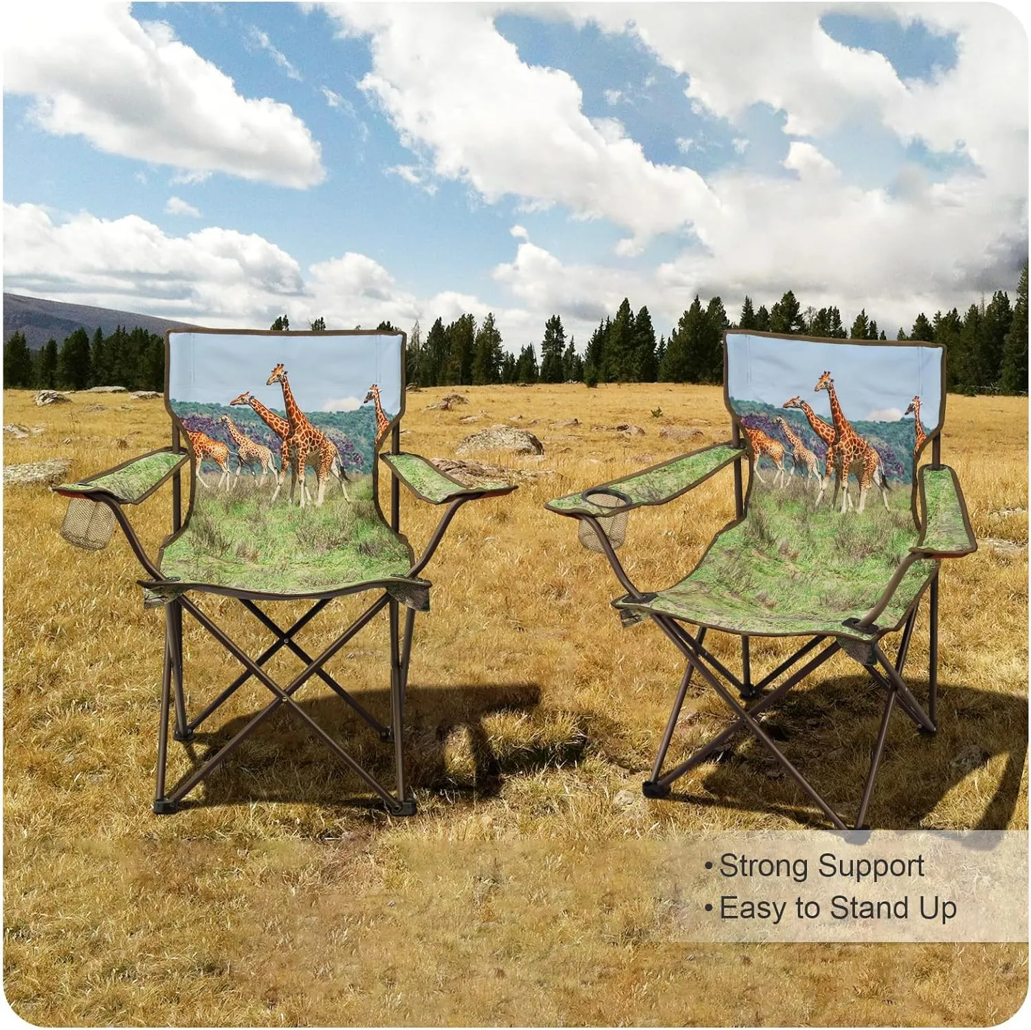 2 Pcs Animal Pattern Camping Chair,Folding Backpacking Lightweight Beach Chair w/Cup Holder,Mesh Side Pocket,Carry Bag,Portable Lawn Chair for Adults Family Outdoor Parties,Hiking,Giraffes