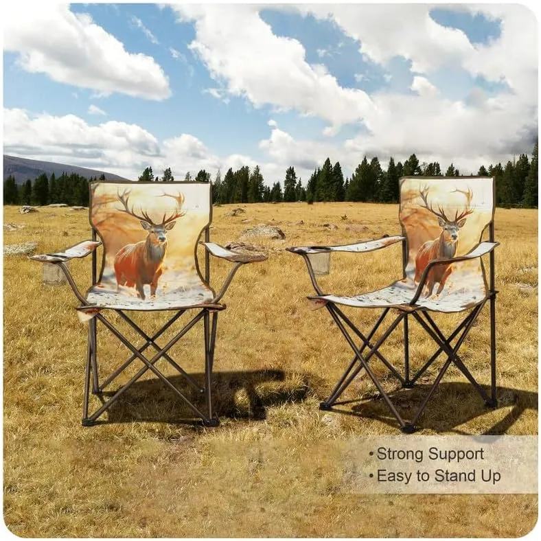 2 Pcs Animal Pattern Camping Chair,Folding Backpacking Lightweight Beach Chair w/Cup Holder,Side Pocket,Carry Bag,Portable Lawn Chair for Adults Family Outdoor Parties,Hiking,Sika Deer