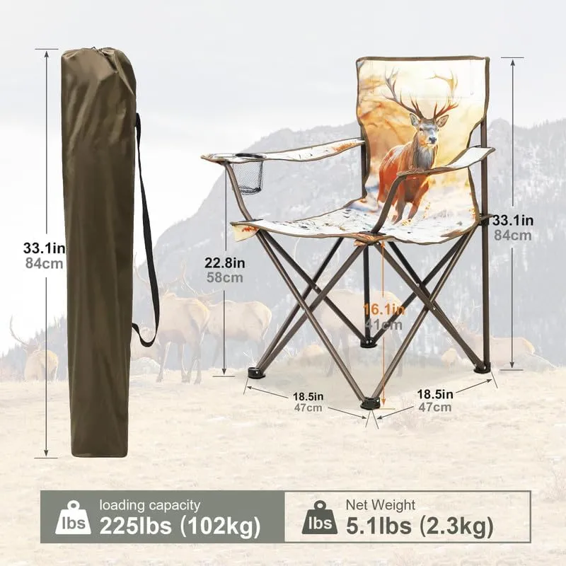 2 Pcs Animal Pattern Camping Chair,Folding Backpacking Lightweight Beach Chair w/Cup Holder,Side Pocket,Carry Bag,Portable Lawn Chair for Adults Family Outdoor Parties,Hiking,Sika Deer