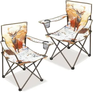 2 Pcs Animal Pattern Camping Chair,Folding Backpacking Lightweight Beach Chair w/Cup Holder,Side Pocket,Carry Bag,Portable Lawn Chair for Adults Family Outdoor Parties,Hiking,Sika Deer