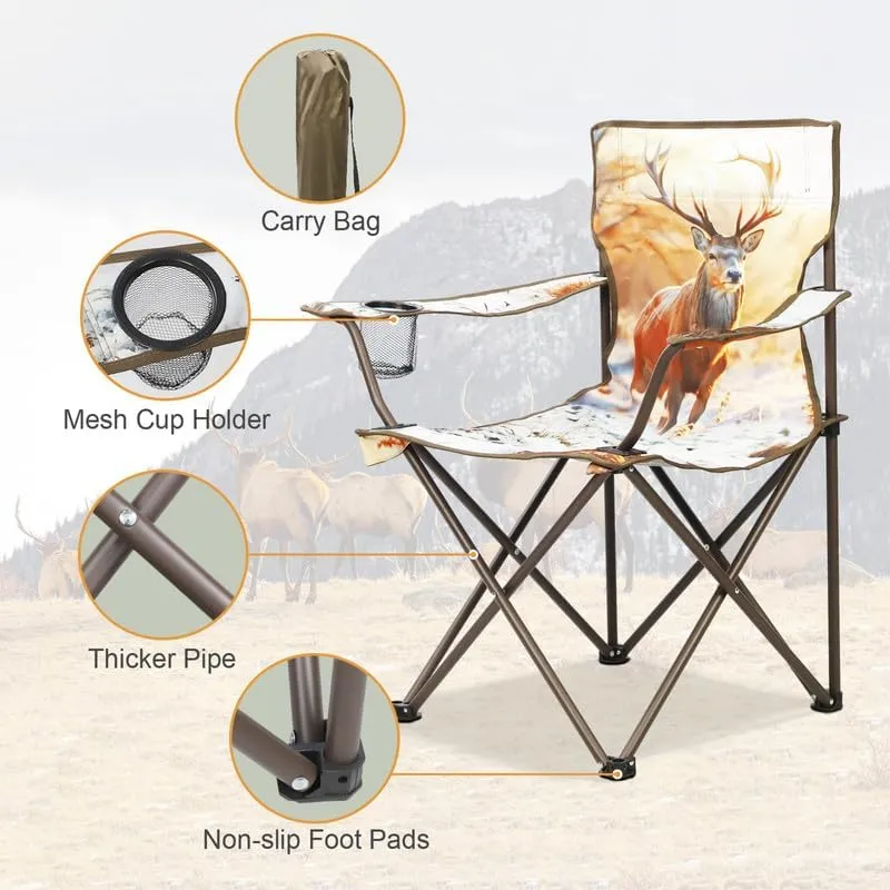 2 Pcs Animal Pattern Camping Chair,Folding Backpacking Lightweight Beach Chair w/Cup Holder,Side Pocket,Carry Bag,Portable Lawn Chair for Adults Family Outdoor Parties,Hiking,Sika Deer