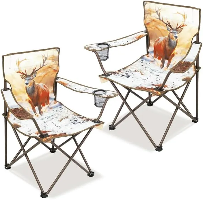 2 Pcs Animal Pattern Camping Chair,Folding Backpacking Lightweight Beach Chair w/Cup Holder,Side Pocket,Carry Bag,Portable Lawn Chair for Adults Family Outdoor Parties,Hiking,Sika Deer
