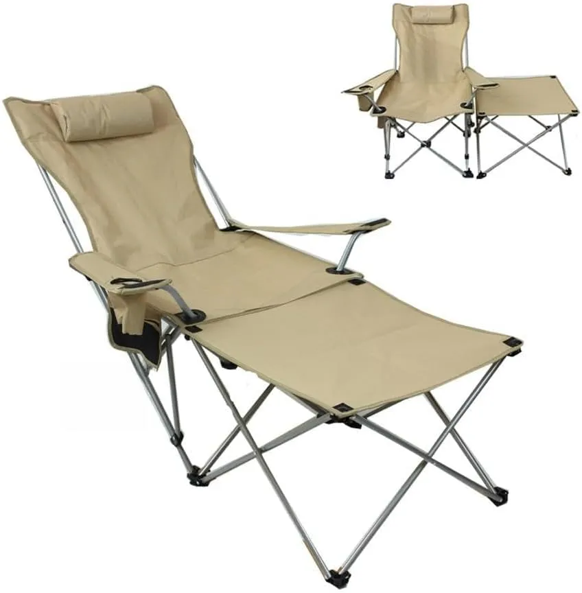 2 Pieces Reclining Camping Chair, Footrest Folding Lounge Chair, Upgraded Four-position Adjustment, Four Ways To Use, with Cup Holder and Removable Storage Bag, for Outdoor Camping, Picnic, Travel