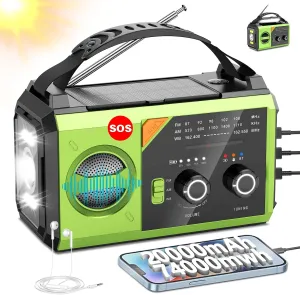 20000mAh Hand Crank Emergency Radio,AM/FM NOAA Weather Radio with 74000mWh Power Bank Cell Phone Charger,Solar Radio with LED Flashlight,USB Charged,Compass,SOS Alarm Camping & Survival(Grass Green)