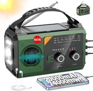 20000mAh Hand Crank Emergency Radio,AM/FM NOAA Weather Radio with 74000mWh Power Bank Cell Phone Charger,Solar Radio with LED Flashlight,USB Charged,Compass,SOS Alarm Camping & Survival(Green)