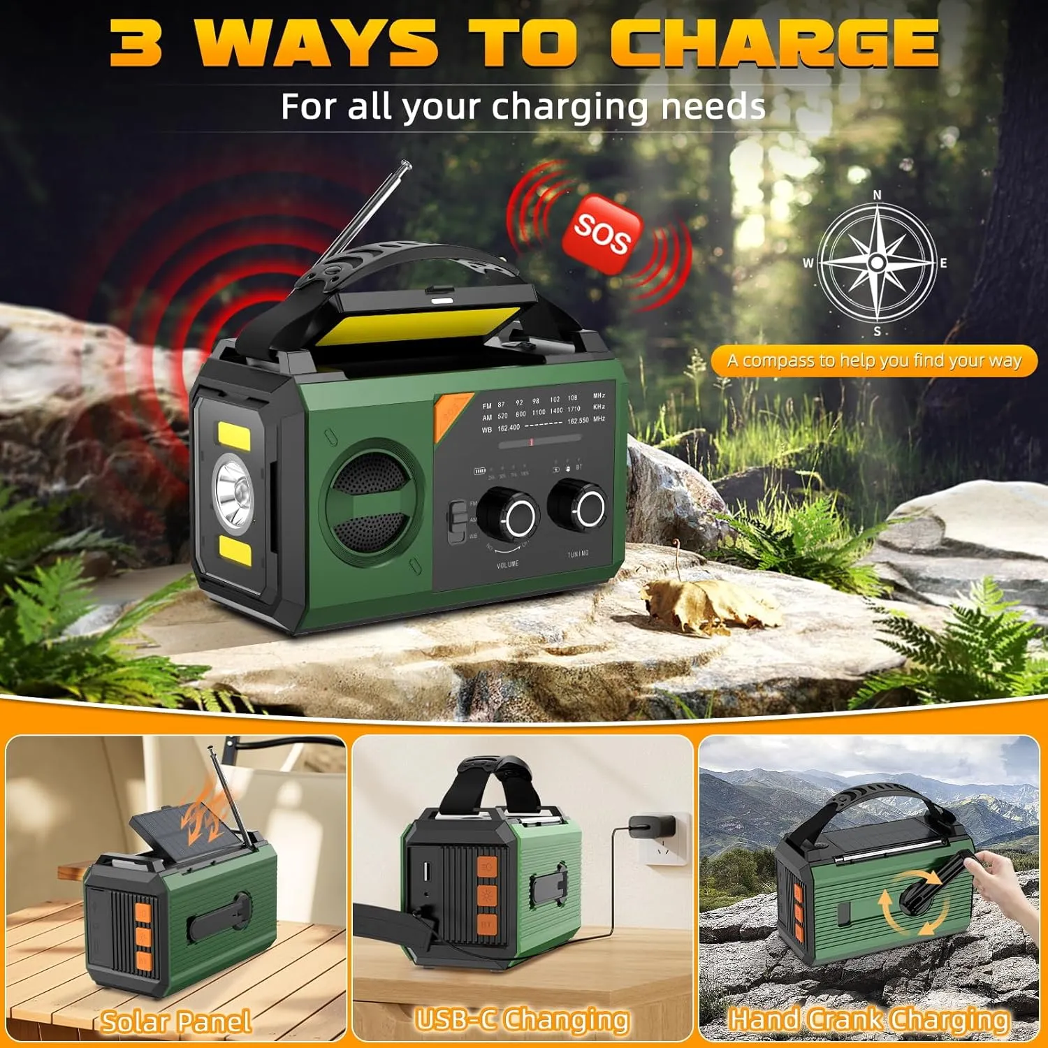 20000mAh Hand Crank Emergency Radio,AM/FM NOAA Weather Radio with 74000mWh Power Bank Cell Phone Charger,Solar Radio with LED Flashlight,USB Charged,Compass,SOS Alarm Camping & Survival(Green)
