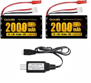 2000mAh 7.4 V Li-ion Battery with JST Plug 2S Rechargeable RC Battery Fit for RC Helicopter Car Truck RC Boats Drone Airsoft Water Ball Blaster with 7.4V USB Charger