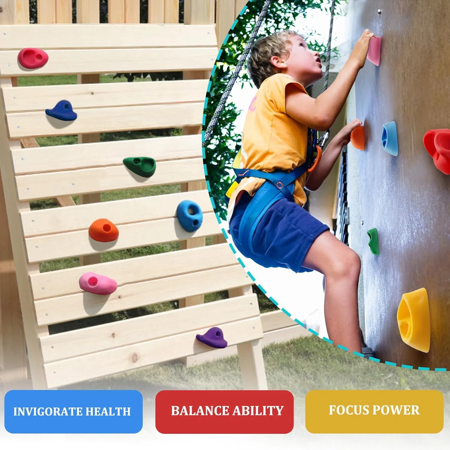 20PCS Kids Rock Wall Climbing Holds Set, Multi-Size Mixing Plastic with Mounting Hardware, DIY Indoor Outdoor Playground, Colourful