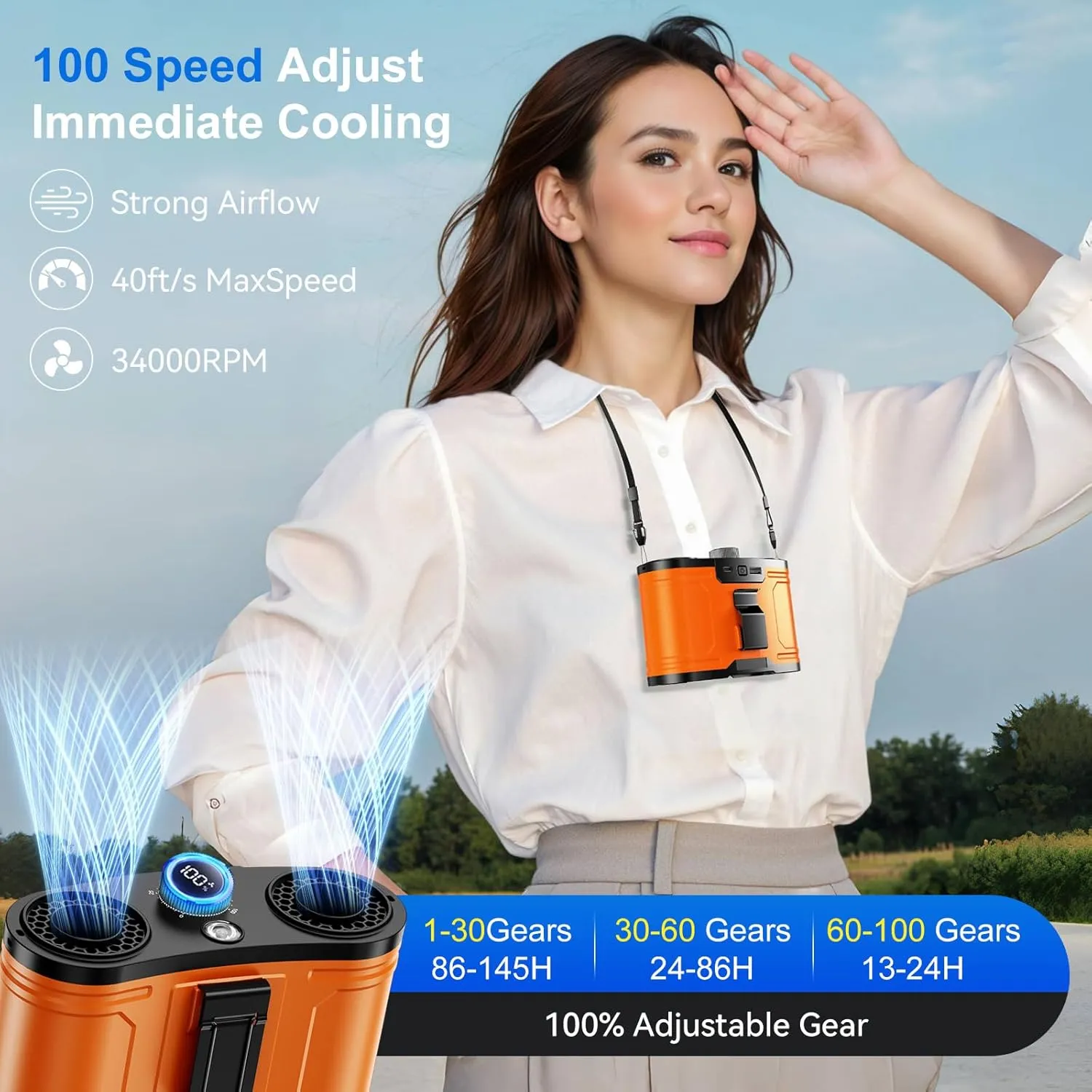 21000MAh Portable Waist Fan, 1-100 Speeds 34000RPM Strong Airflow, Personal Fan Rechargeable with up to 145H of Working Time,Flashlight Hands-Free Hanging Neck Fans, Wearable Belt Fans for Camping