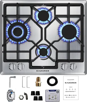 24 inch Gas Cooktop, Bulit-in Gas Stove Top with 4 Burner, NG/LPG Convertible Cooktops, Dual Burner Propane Cooktop with Thermocouple Protection, Stainless Steel