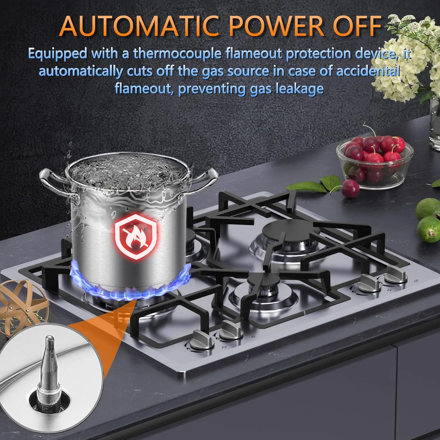 24 inch Gas Cooktop, Bulit-in Gas Stove Top with 4 Burner, NG/LPG Convertible Cooktops, Dual Burner Propane Cooktop with Thermocouple Protection, Stainless Steel