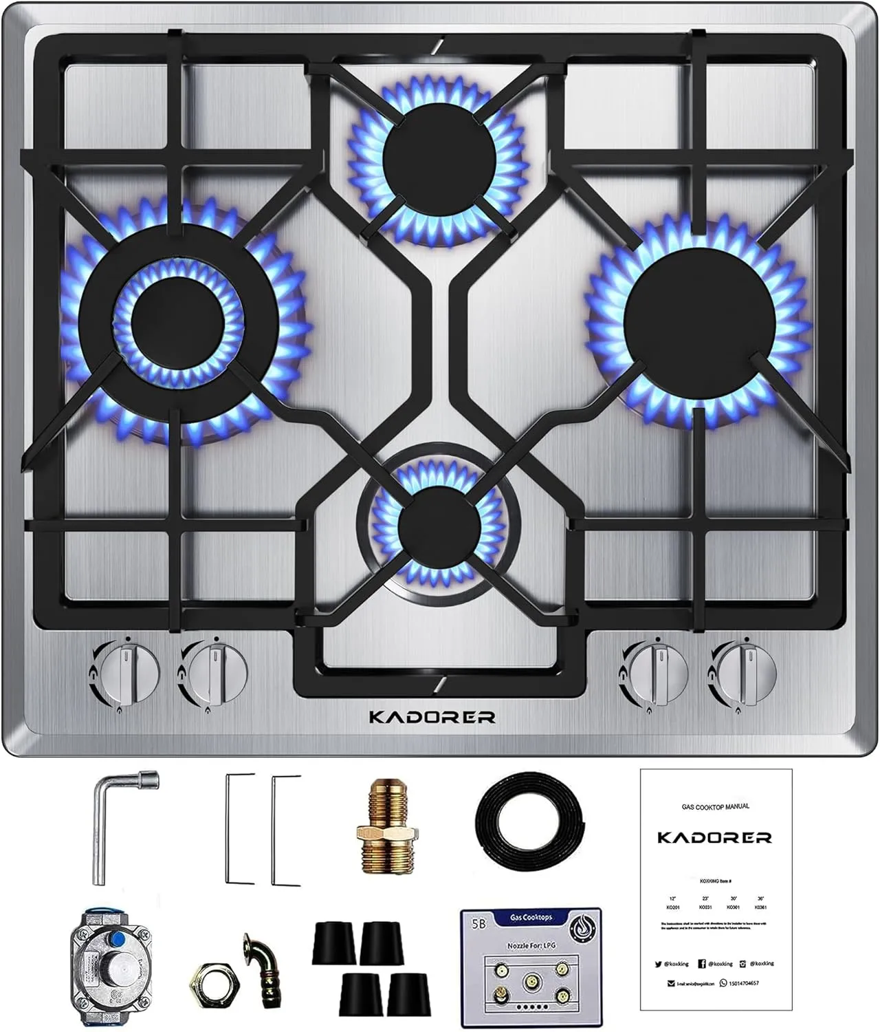 24 inch Gas Cooktop, Bulit-in Gas Stove Top with 4 Burner, NG/LPG Convertible Cooktops, Dual Burner Propane Cooktop with Thermocouple Protection, Stainless Steel