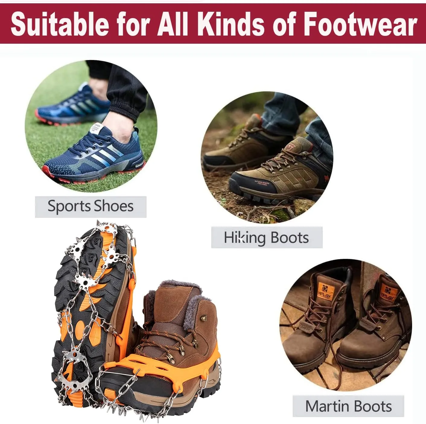 24 Spikes Crampons Ice Cleats Traction Snow Grips for Boots Stainless Steel Spikes Shoes Safe Protect for Fishing, Walking, Climbing or Hiking on Snow and Ice