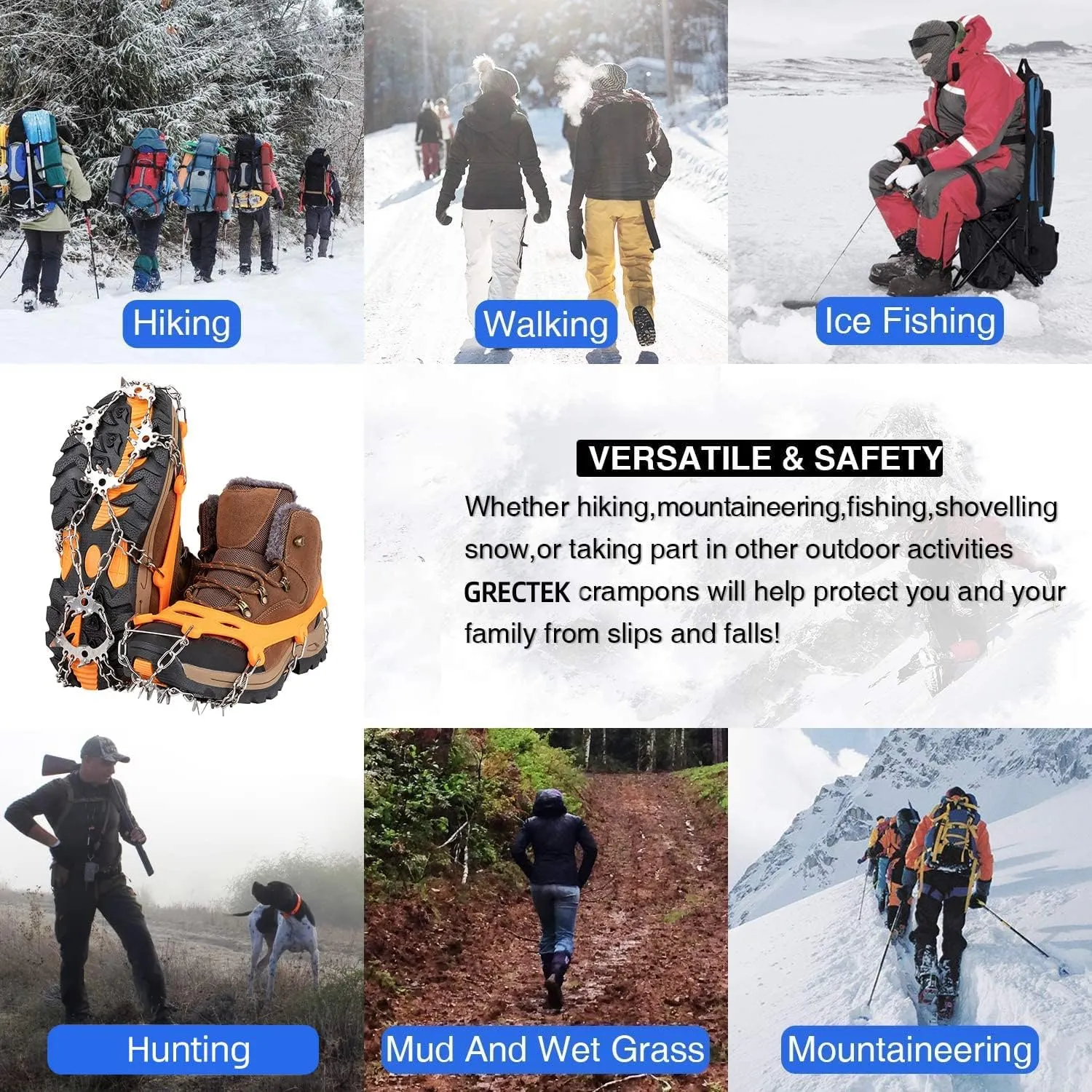 24 Spikes Crampons Ice Cleats Traction Snow Grips for Boots Stainless Steel Spikes Shoes Safe Protect for Fishing, Walking, Climbing or Hiking on Snow and Ice