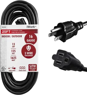 25 Ft Black Extension Cord 3 Prong, Weather-Resistant 16/3 SJTW, 1625 Watt, 13 AMP Rating with UL Listed for Indoor and Outdoor Uses