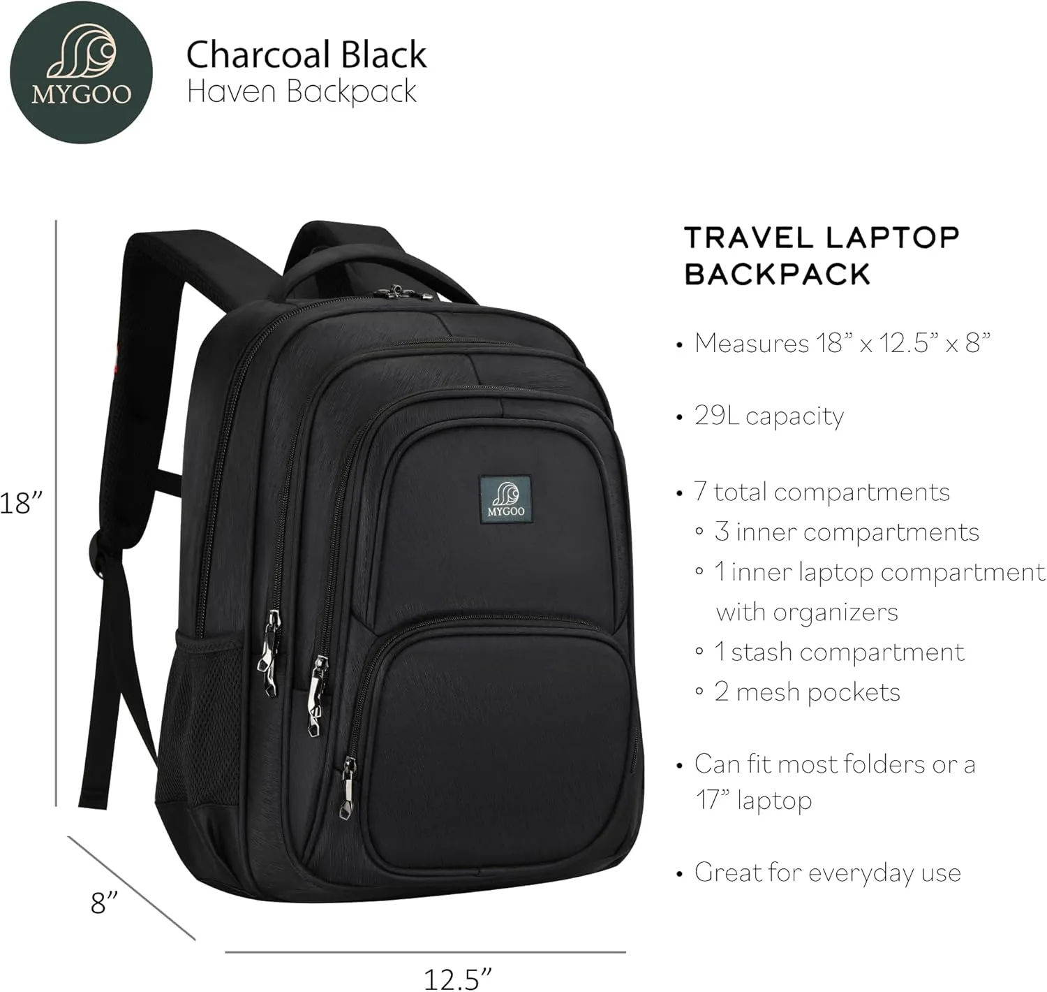29L Premium Unisex Travel Backpack | Charcoal Black Laptop Bag | Versatile for College, Work & Adventure | USB Charging Port