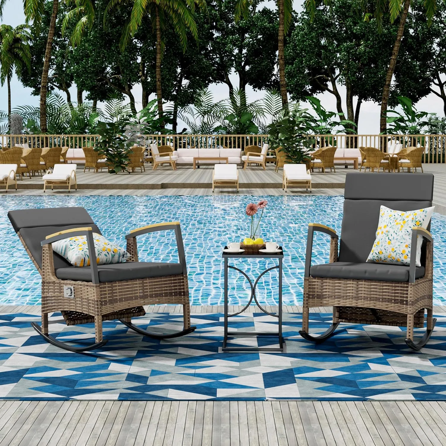 3 Pieces Outdoor Recliner Chair Set, Rattan Wicker Rocking Chairs with Adjustable Backrest, Cushions, and C Shaped End Table for Patio Home Backyard Garden, Grey