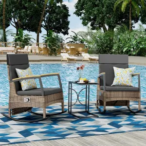 3 Pieces Outdoor Recliner Chair Set, Rattan Wicker Rocking Chairs with Adjustable Backrest, Cushions, and C Shaped End Table for Patio Home Backyard Garden, Grey