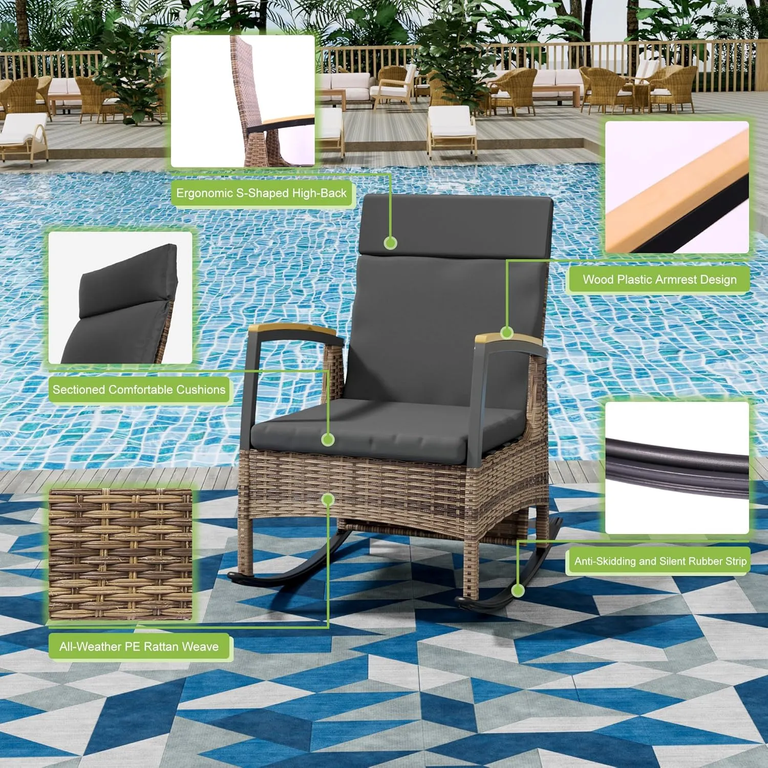 3 Pieces Outdoor Recliner Chair Set, Rattan Wicker Rocking Chairs with Adjustable Backrest, Cushions, and C Shaped End Table for Patio Home Backyard Garden, Grey