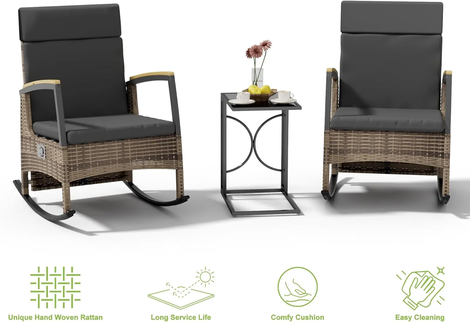3 Pieces Outdoor Recliner Chair Set, Rattan Wicker Rocking Chairs with Adjustable Backrest, Cushions, and C Shaped End Table for Patio Home Backyard Garden, Grey