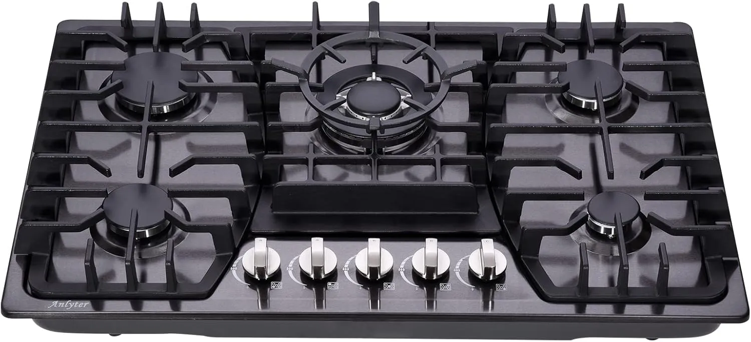 30 Inch Gas Cooktop, 5 Burners Built-in Gas Stovetop Stainless Steel LPG/NG Convertible Gas Stove Dual Fuel Sealed Gas Hob - Black