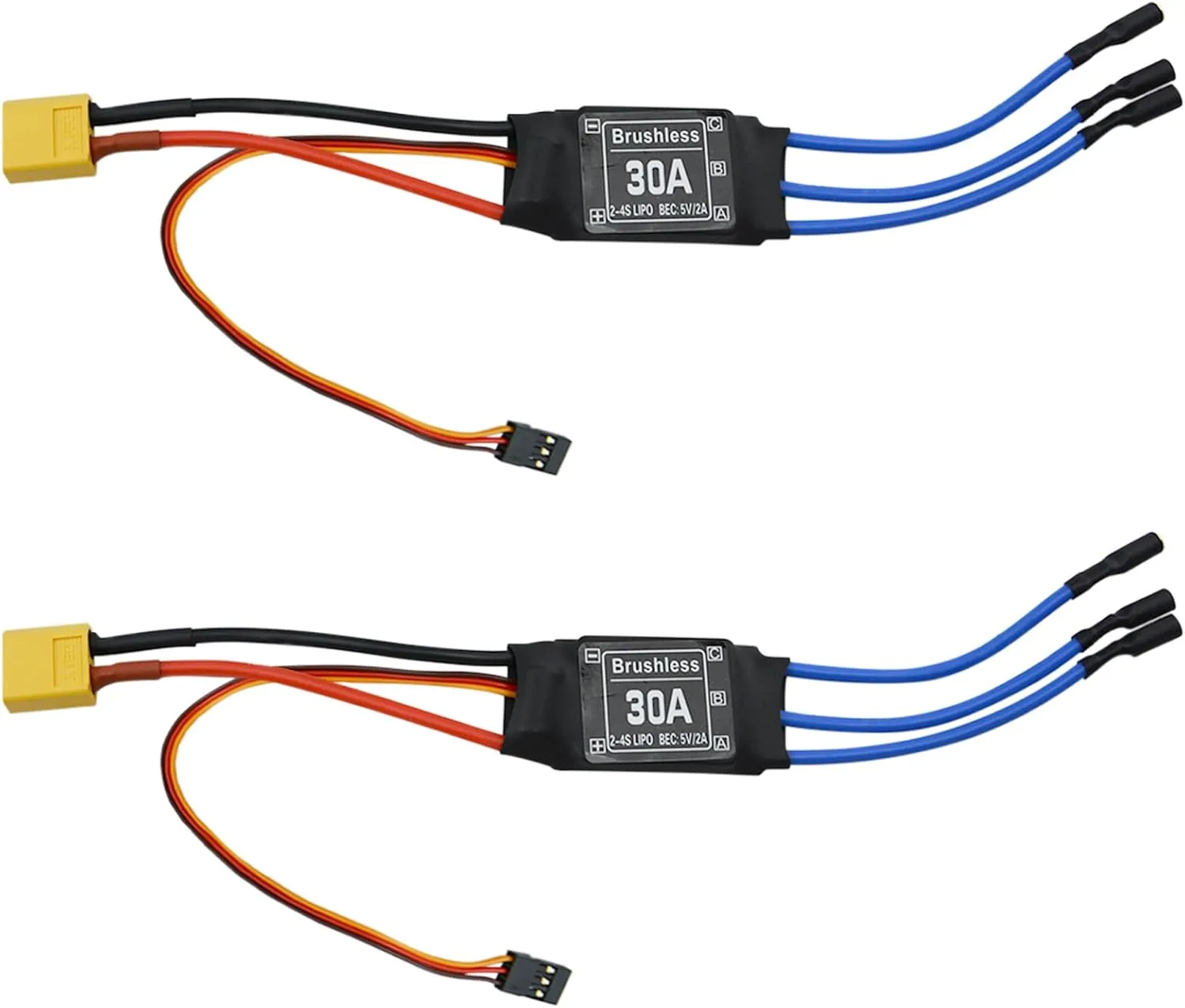 30A Electric Brushless Motor Controller, 2 Pcs ESC Speed Controller with XT60 and 3.5mm Bullet Plugs for RC Drone RC Airplane Helicopter