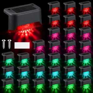 32 Pcs Solar Deck Lights Outdoor, Waterproof LED Solar Step Fence Lights for Stairs, Step, Railing, Patio, Driveway, Garden, Pathway and Yard(Black Shell Colorful Light)