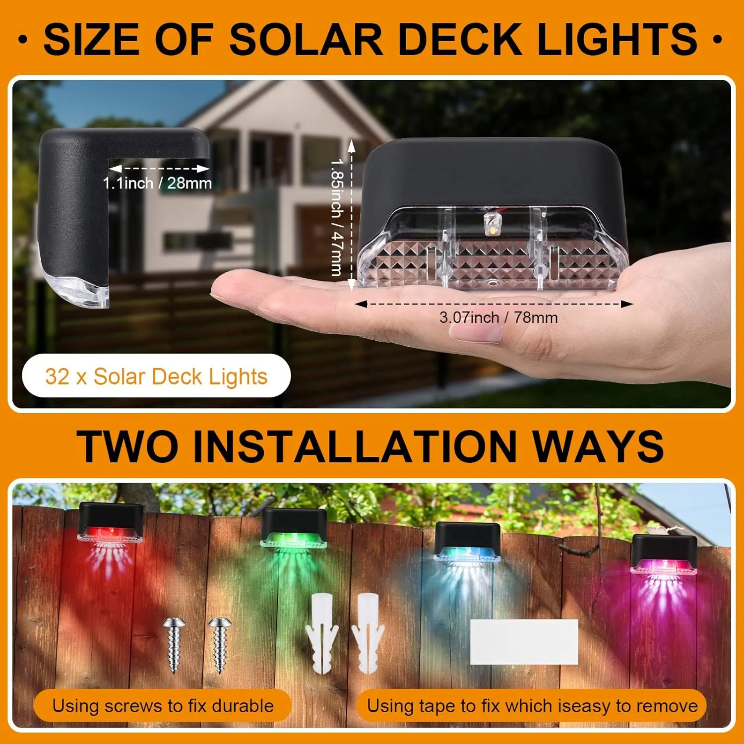 32 Pcs Solar Deck Lights Outdoor, Waterproof LED Solar Step Fence Lights for Stairs, Step, Railing, Patio, Driveway, Garden, Pathway and Yard(Black Shell Colorful Light)