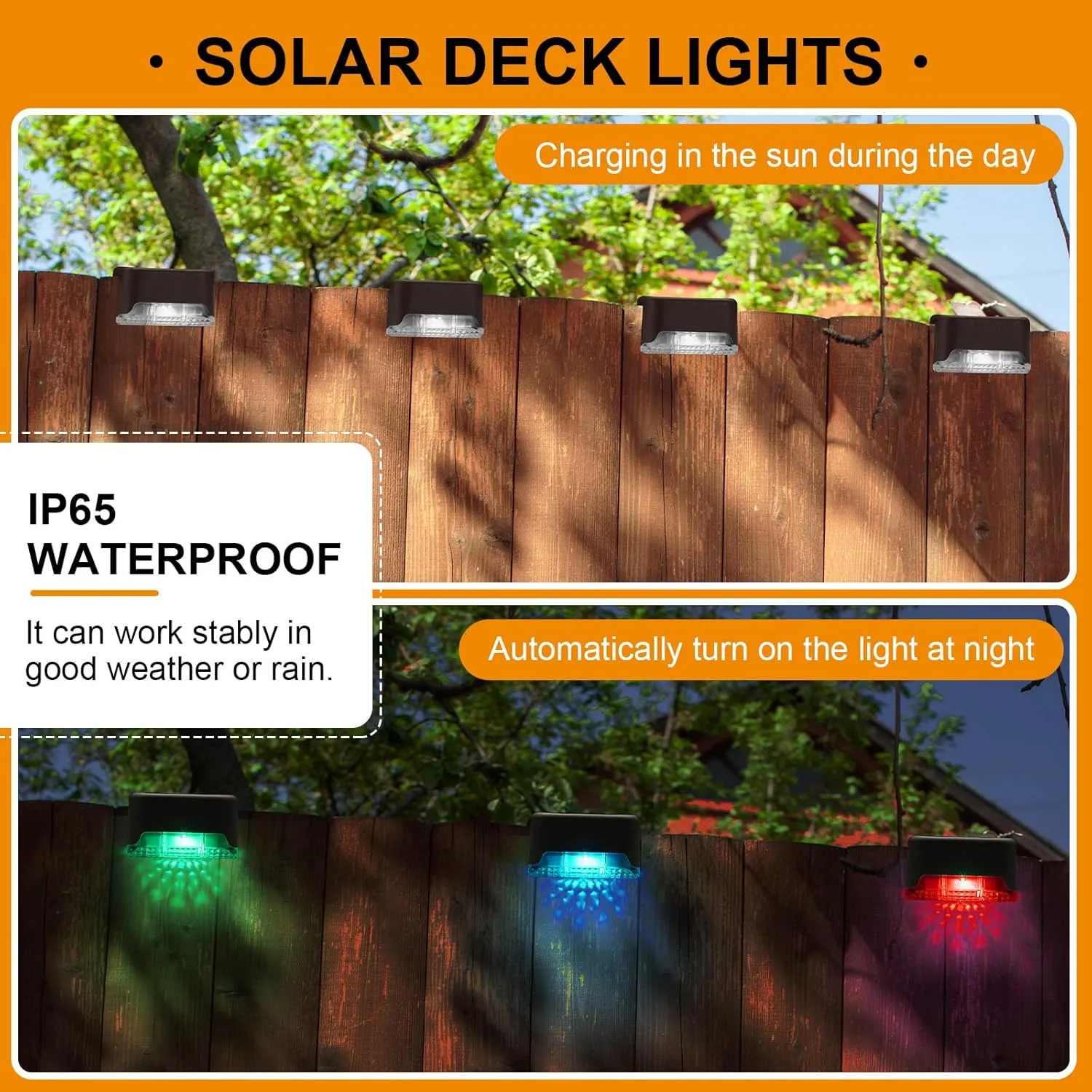32 Pcs Solar Deck Lights Outdoor, Waterproof LED Solar Step Fence Lights for Stairs, Step, Railing, Patio, Driveway, Garden, Pathway and Yard(Brown Shell Multicolor Light)