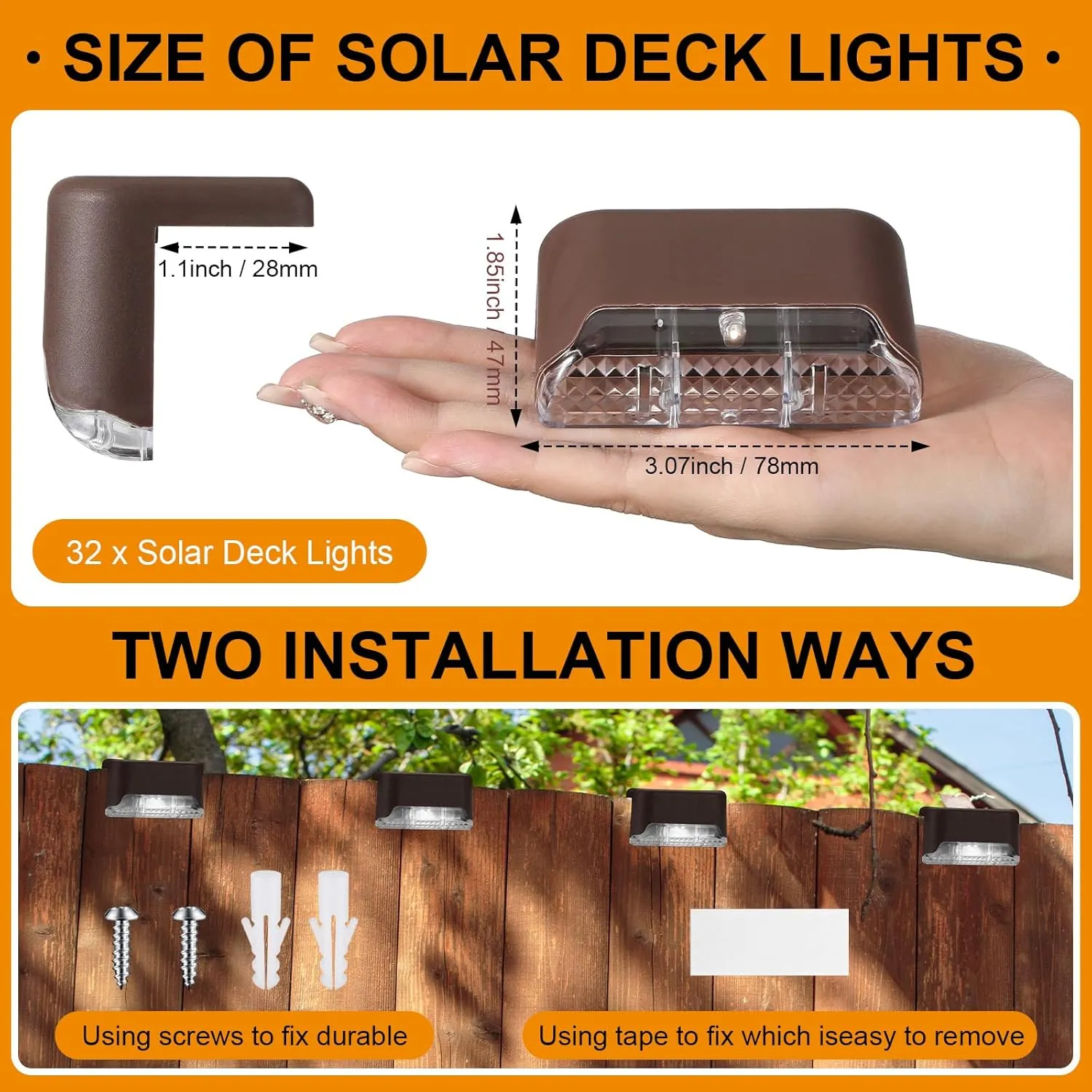 32 Pcs Solar Deck Lights Outdoor, Waterproof LED Solar Step Fence Lights for Stairs, Step, Railing, Patio, Driveway, Garden, Pathway and Yard(Brown Shell Multicolor Light)