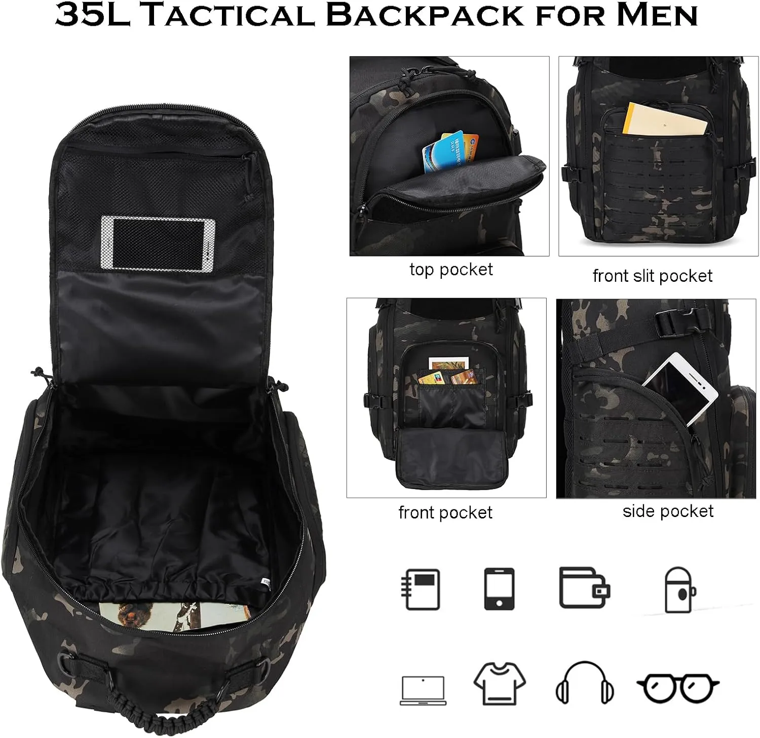 35L Tactical Backpack for Men Heavy Duty Military Backpack 3 Day Assault Pack Molle Backpack Hiking Rucksack (BlackCP)