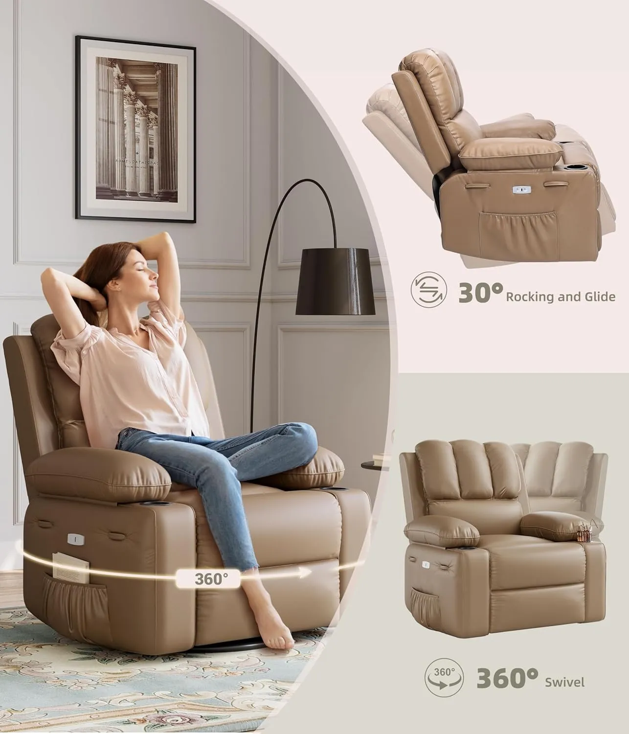 360° Swivel Electric Massage Recliner Chair with Zero Gravity & 3D Heat Therapy - Overstuffed PU Leather Power Lazy Sofa, USB Charger/Storage for Living Room & Home Office