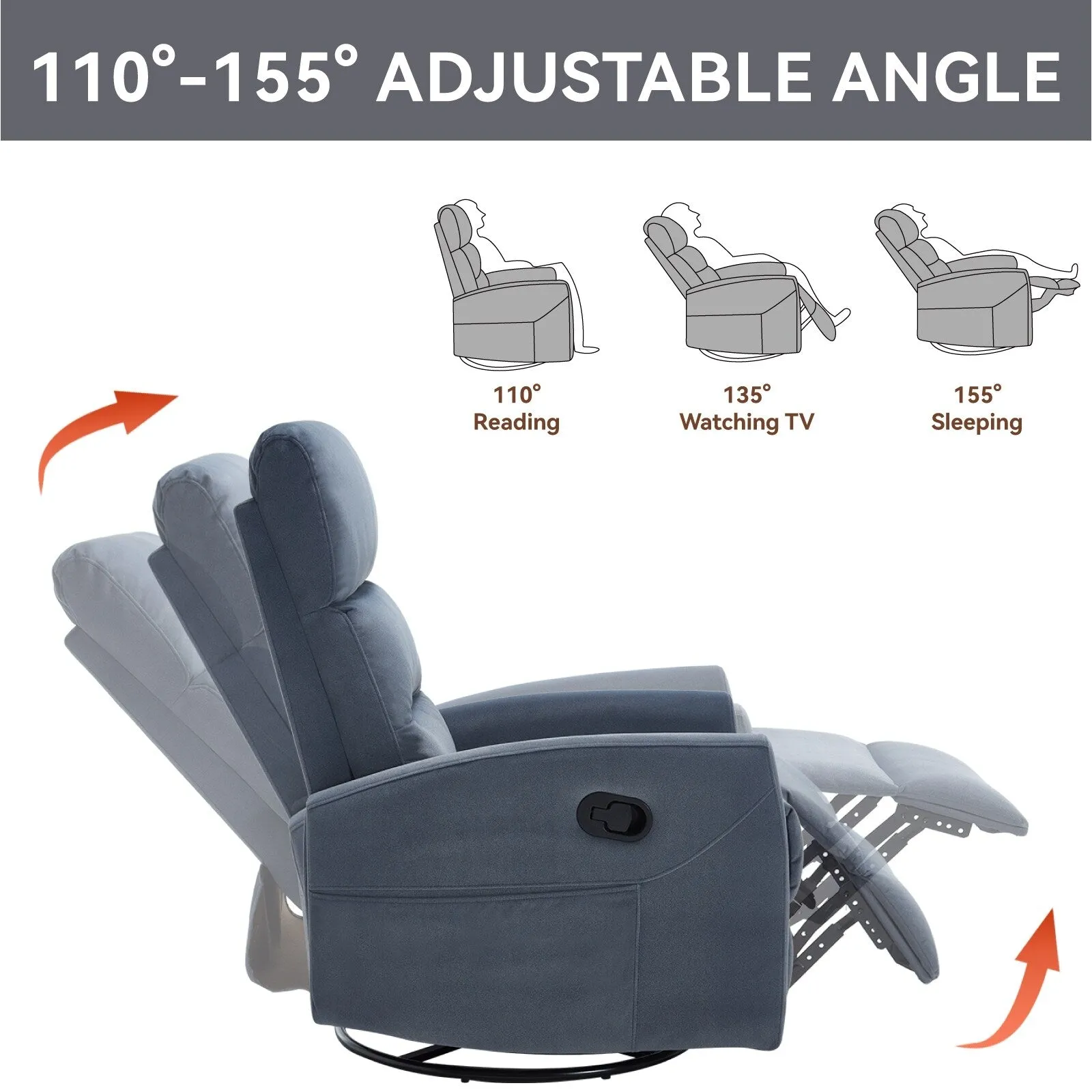 360° Swivel Rocker Fabric Single Manual Recliner Sofa with Cushion Back and Square Arms, Nursery Chairs