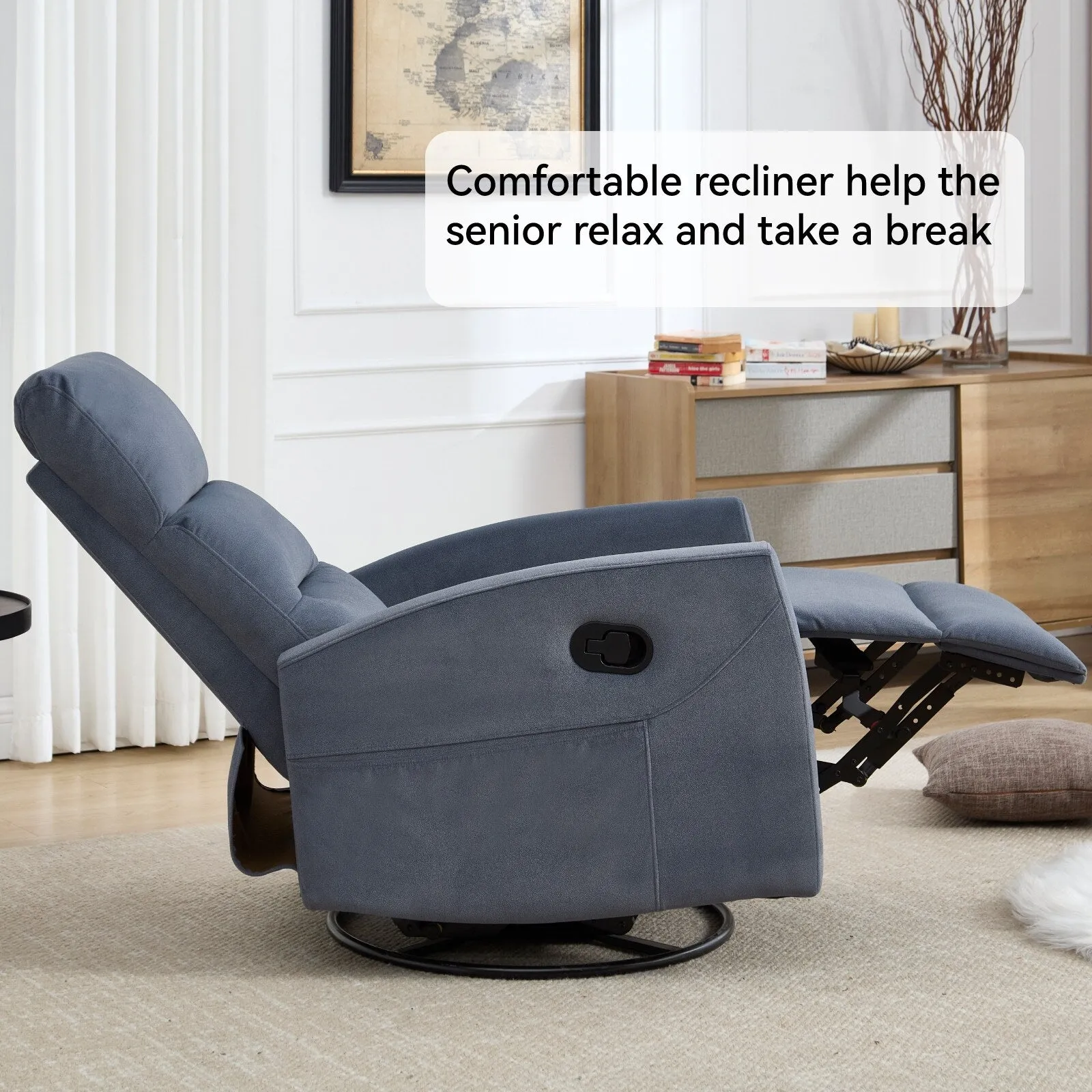360° Swivel Rocker Fabric Single Manual Recliner Sofa with Cushion Back and Square Arms, Nursery Chairs