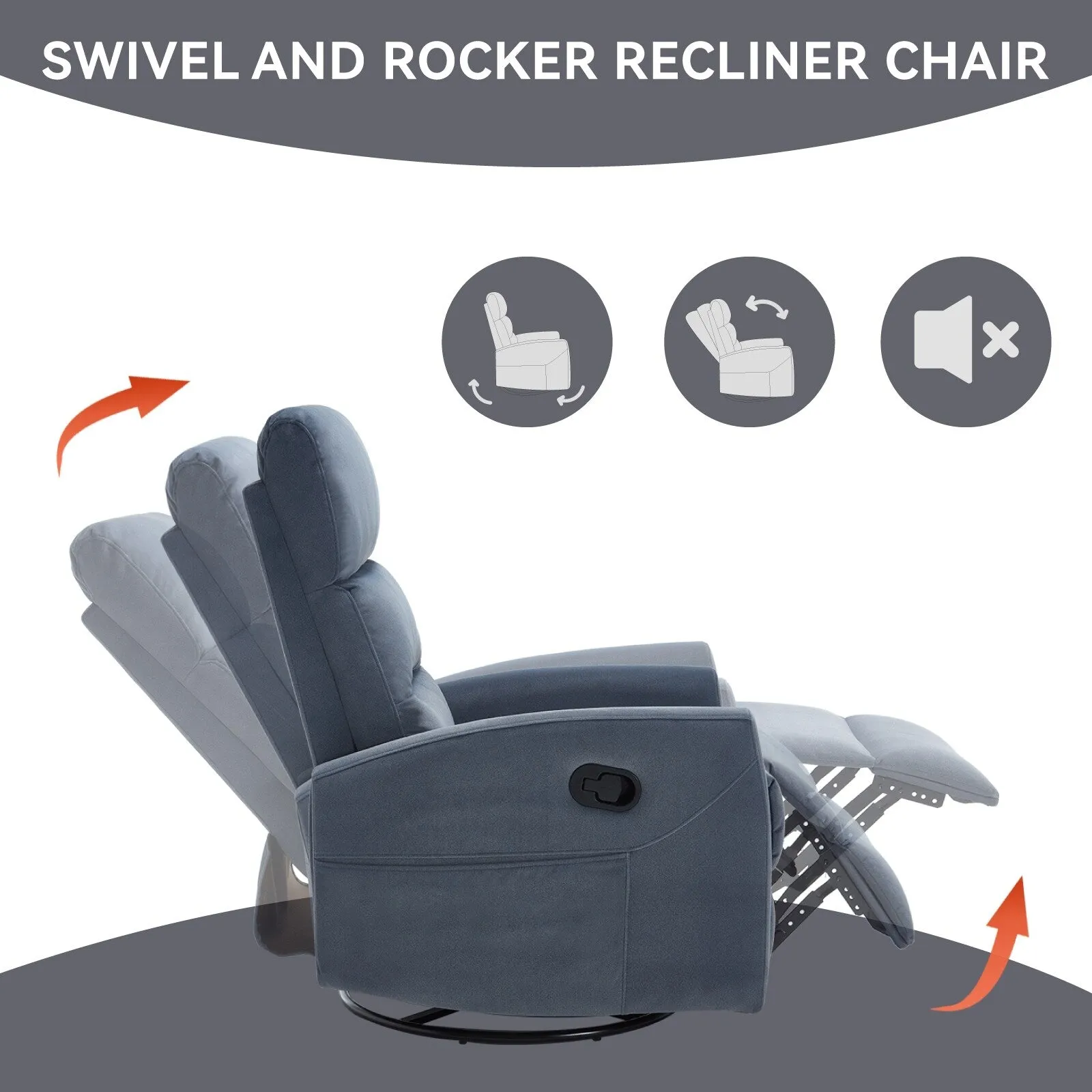 360° Swivel Rocker Fabric Single Manual Recliner Sofa with Cushion Back and Square Arms, Nursery Chairs