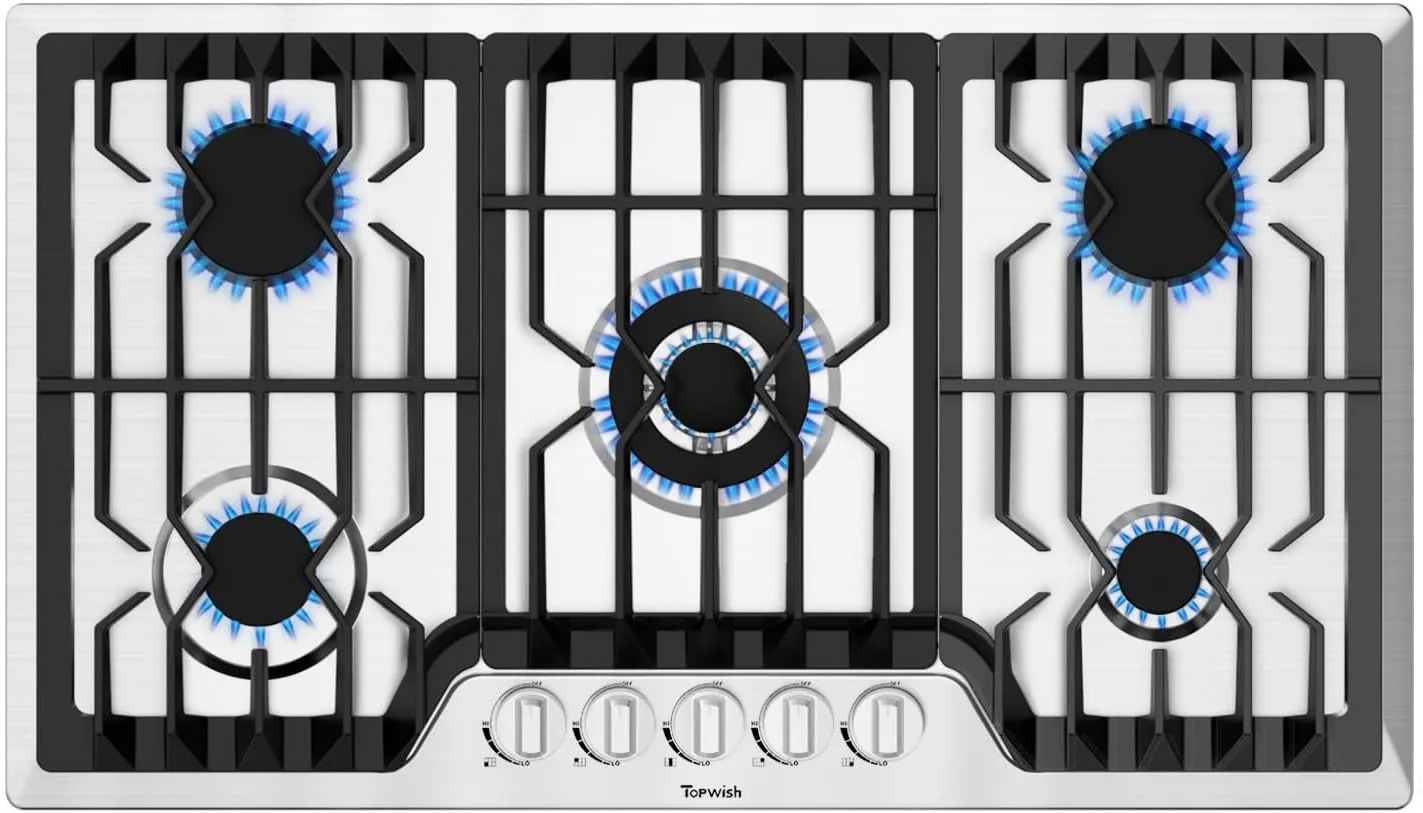 36" Built-in Gas Cooktop, 5 ITALY SABAF Sealed Burners Gas Rangetop 41,800BTU, NG/LPG Convertible, Stainless Steel Burner Gas Stovetop with Thermocouple Protection,120V AC. (36 inch)