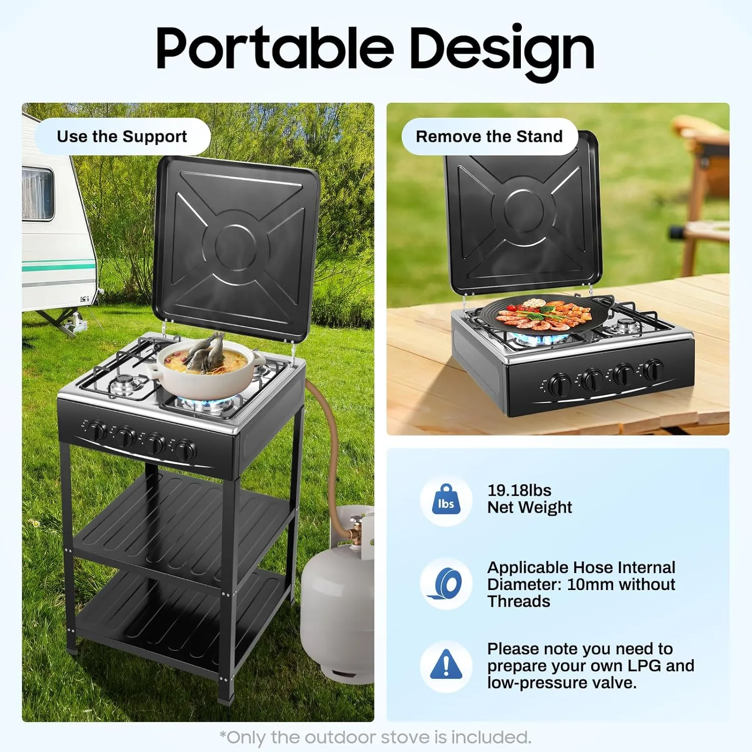 4 Burner Gas Stove, Portable Outdoor Stove Propane with Removable Storage Stand, Gas Burners with Wind Blocking Cover For Camping Picnic Home RV Cooking (No Hose) (Black, 4 Burner)