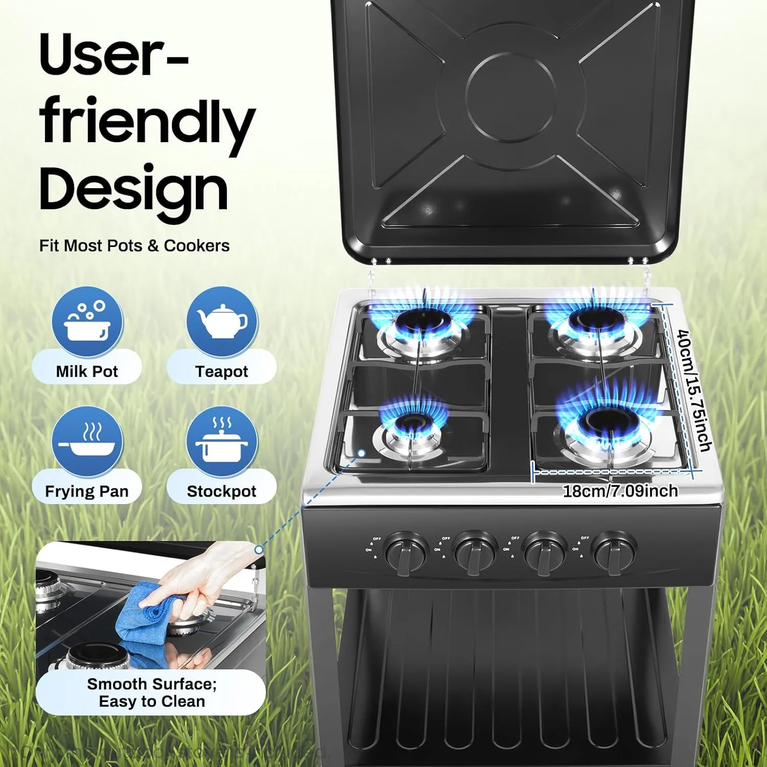 4 Burner Gas Stove, Portable Outdoor Stove Propane with Removable Storage Stand, Gas Burners with Wind Blocking Cover For Camping Picnic Home RV Cooking (No Hose) (Black, 4 Burner)