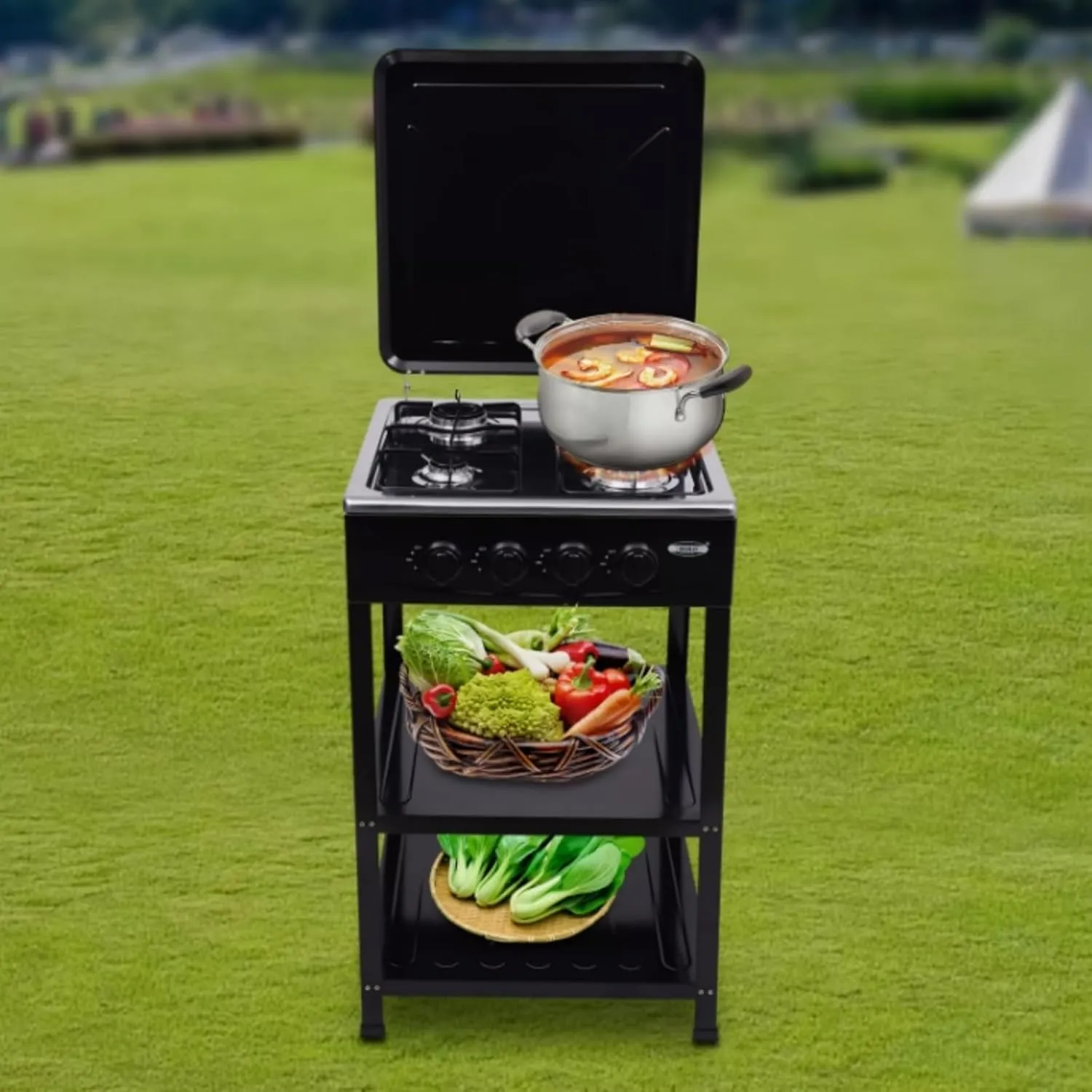 4 Burner Gas Stove, Portable Outdoor Stove Propane with Removable Storage Stand, Gas Burners with Wind Blocking Cover For Camping Picnic Home RV Cooking (No Hose) (Black, 4 Burner)