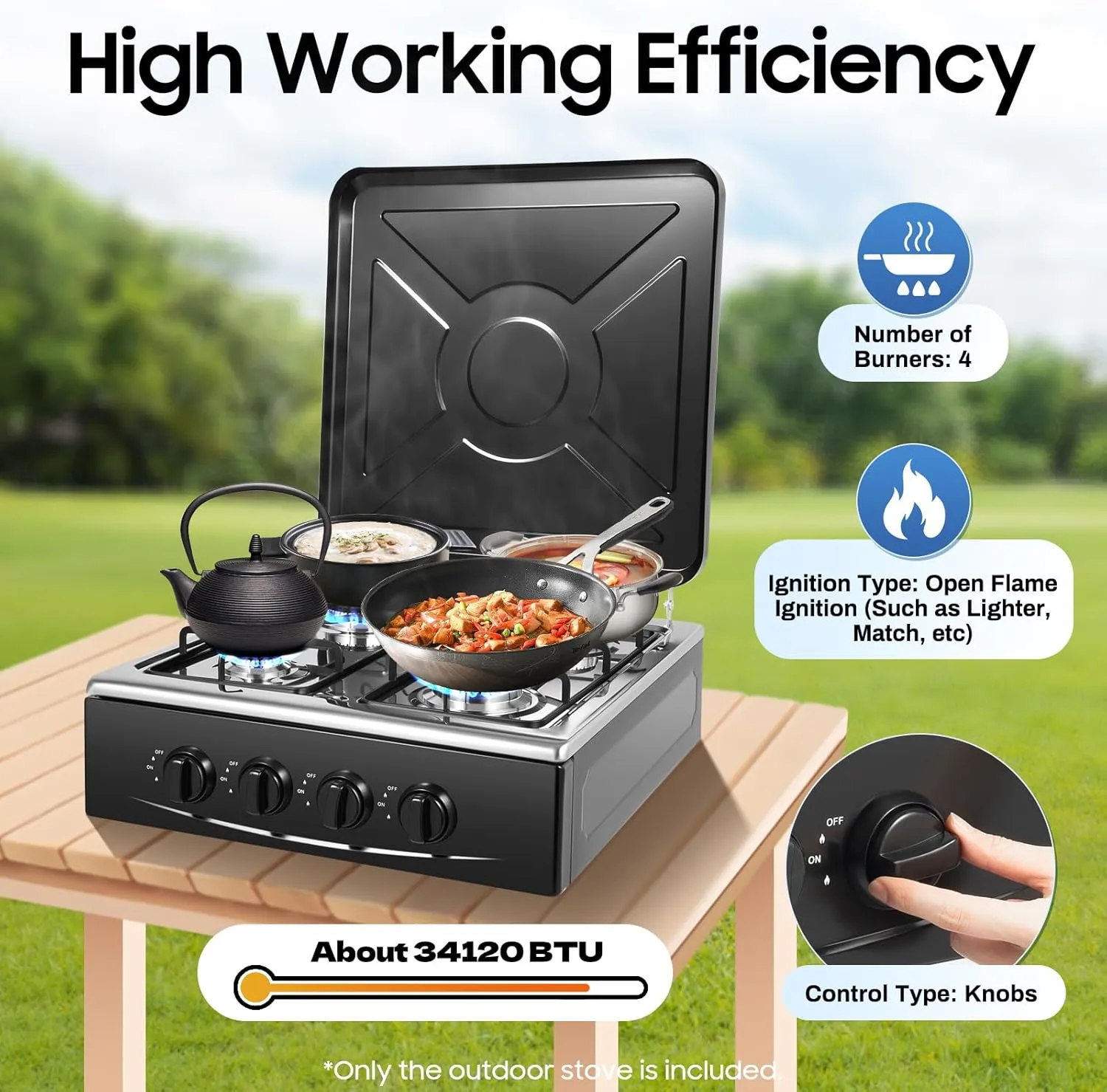 4 Burner Gas Stove, Portable Outdoor Stove Propane with Removable Storage Stand, Gas Burners with Wind Blocking Cover For Camping Picnic Home RV Cooking (No Hose) (Black, 4 Burner)
