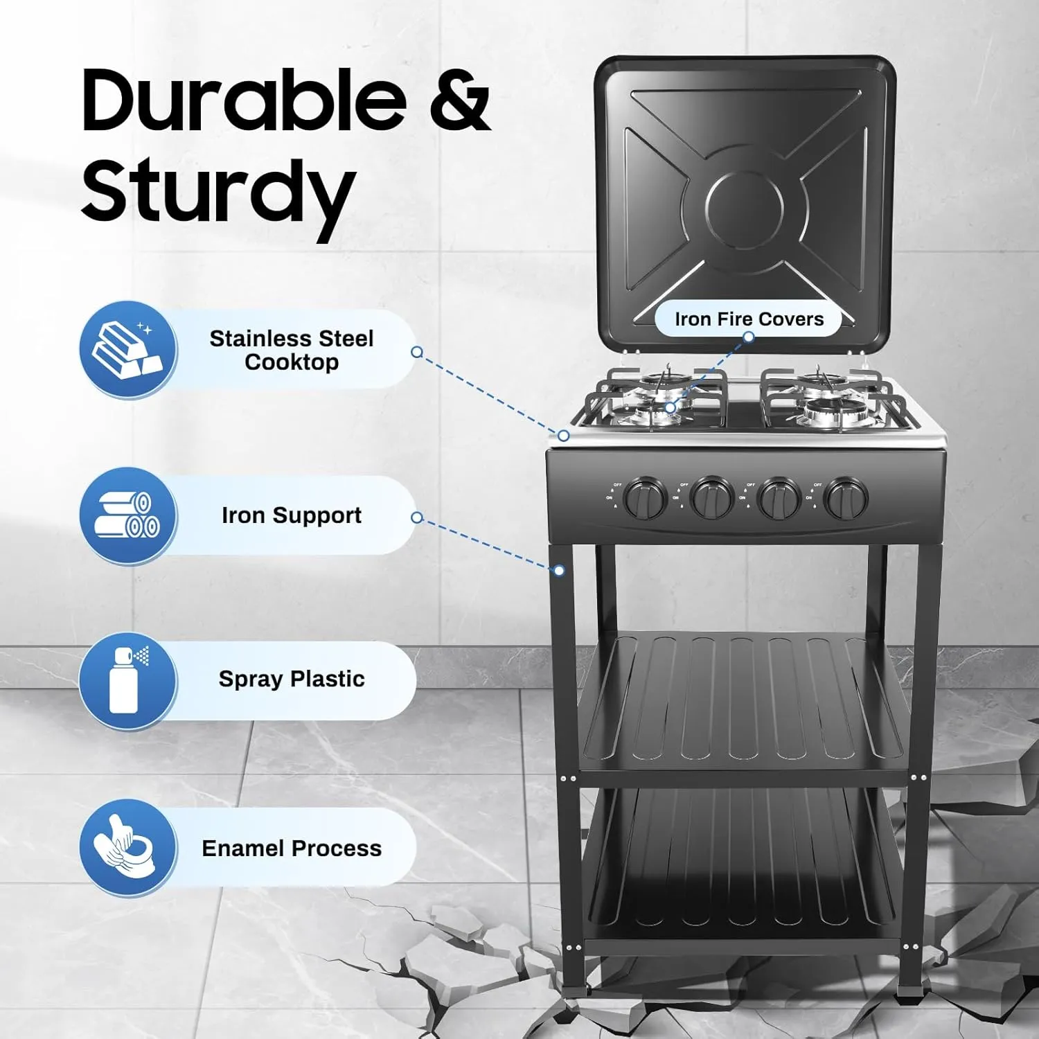 4 Burner Gas Stove, Portable Outdoor Stove Propane with Removable Storage Stand, Gas Burners with Wind Blocking Cover For Camping Picnic Home RV Cooking (No Hose) (Black, 4 Burner)