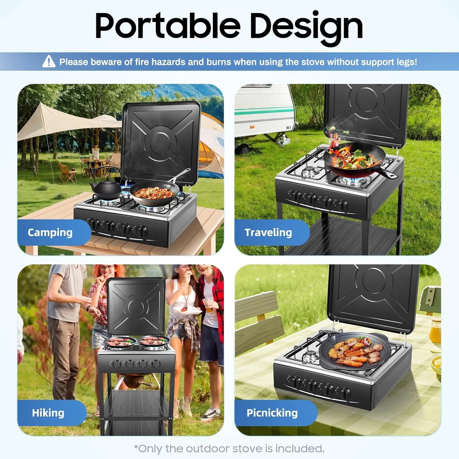 4 Burner Gas Stove, Portable Outdoor Stove Propane with Removable Storage Stand, Gas Burners with Wind Blocking Cover For Camping Picnic Home RV Cooking (No Hose) (Black, 4 Burner)