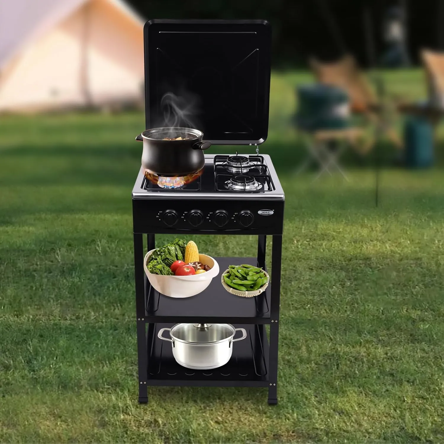 4 Burner Natural Gas Stove, 34120 BTU Portable Gas Stove with 2 Tiers Placement Boards, Auto Ignition Camping Stove Efficient Work Natural Gas Cooker for RV, Outdoor Cooking (Black)