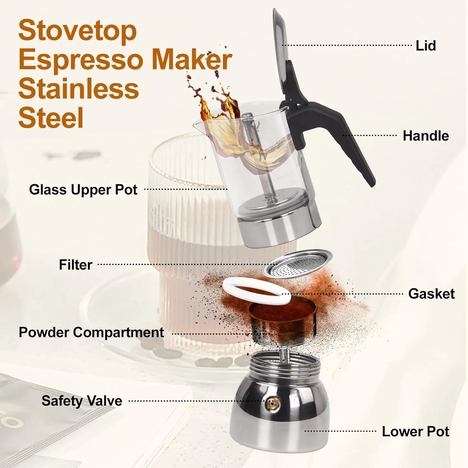 4 Cup Glass Clear Moka Pot Thickened 304 Stainless Steel Stovetop Espresso Maker Italian Coffee Machine 200ml 6.8oz Classic Mocha Cafe Greca Coffee Suitable for Gas Induction