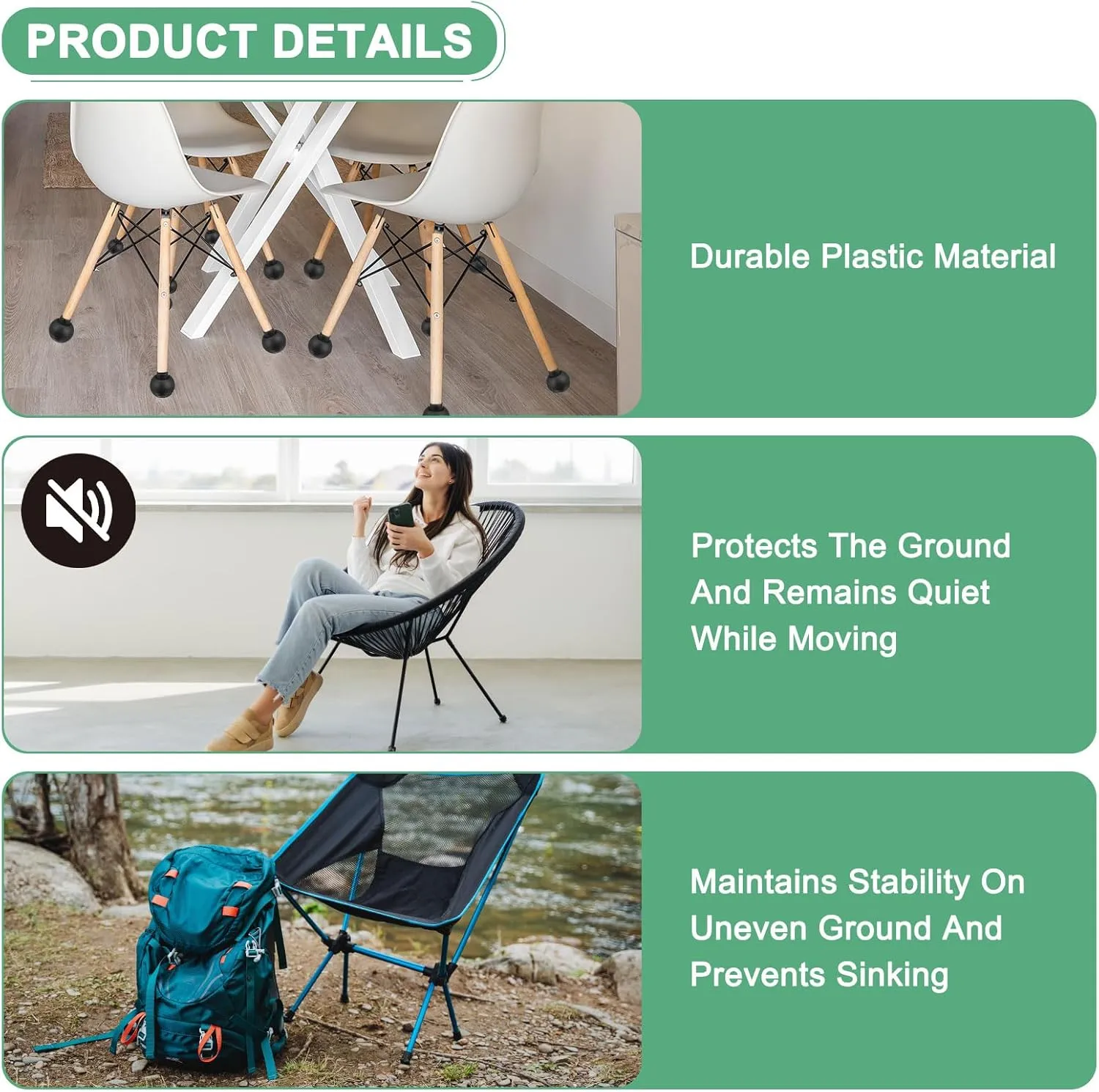 4-Pack Camping Chair Foot Pads, 15mm Rubber Anti-Sinking Folding Camp Chair Replacement Feet for Fishing/Hiking/Picnic/Hardwood Floors/Tile/Outdoor Chair Leg Caps [Black]