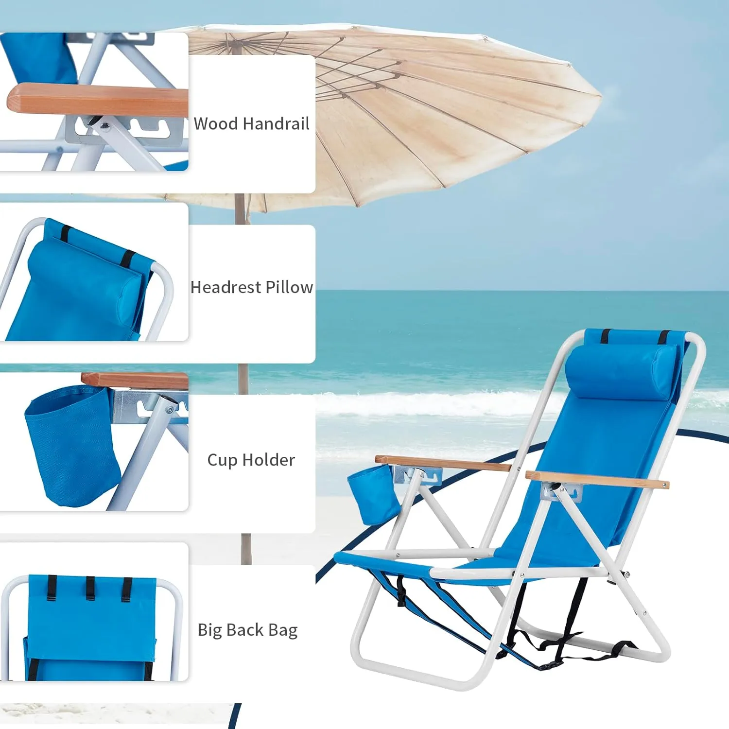 4-Position Folding Backpack Beach Chair with Headrest & Cup Holder - 2 Pack Portable Camping Chair with Wooden Armrests, 330LB Capacity & Adjustable Recline - Lightweight & Compact, Blue